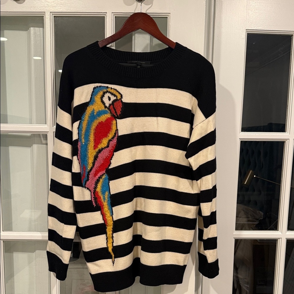 Marc Jacobs Black and White Sweater with Rainbow Parrot Design and Crystals